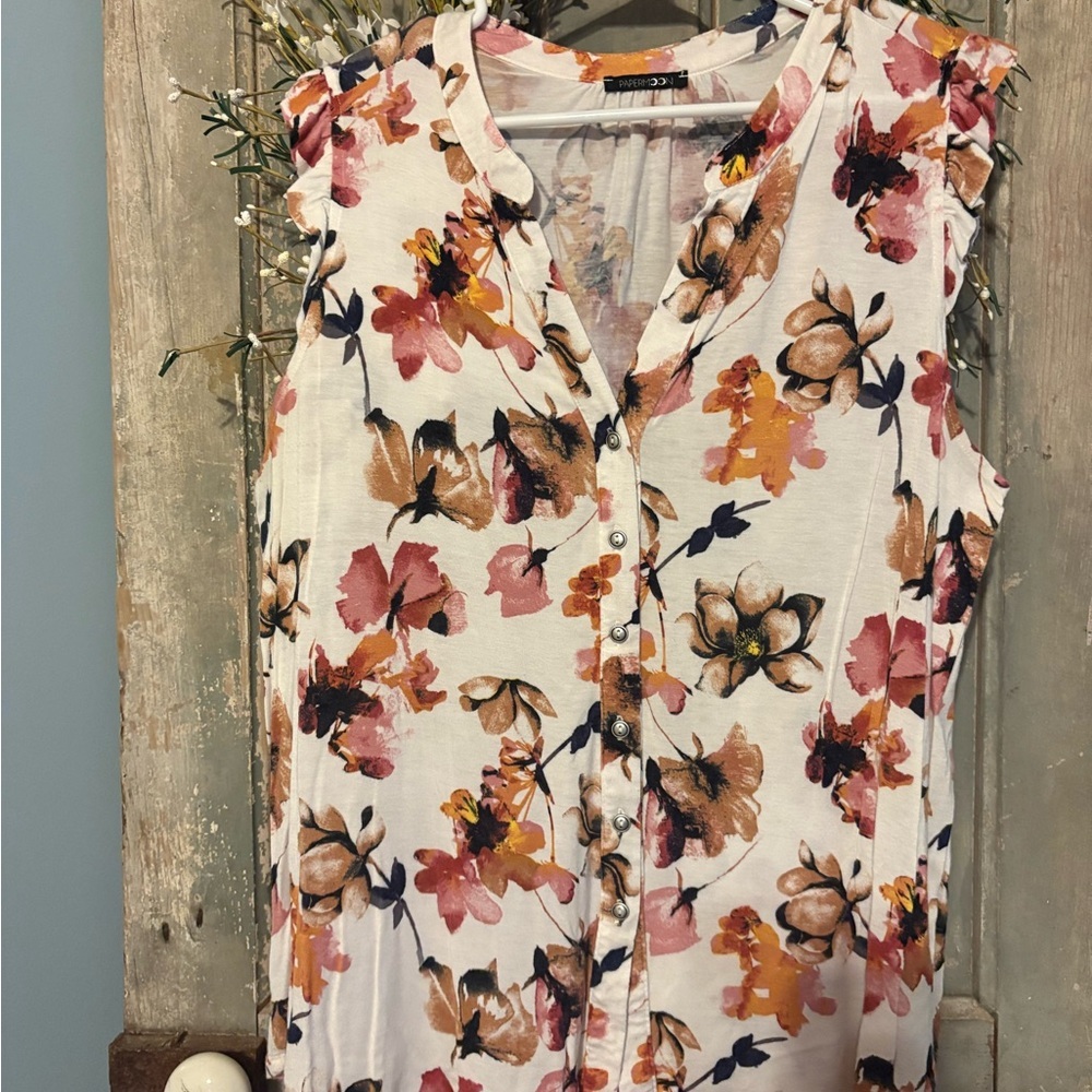 Papermoon Sleeveless Floral Knit Top - White and Pink Size 1X